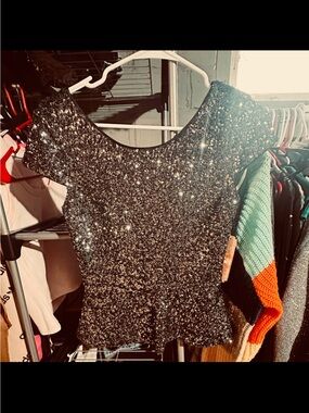 Gianni Bini Black Sequin Peplum Crop Top